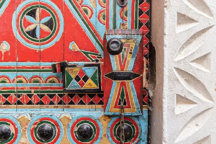 Framed Print : Saudi Arabia, Riyadh. Colorfully painted door in Najd Village. (Editorial Use Only) Framed Print : Saudi Arabia, Riyadh. Colorfully painted door in Najd Village. (Editorial Use Only)