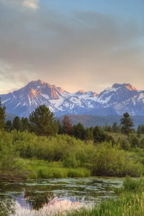 Framed Print : Sawtooth mountains reflect in small wetlands near Stanley Idaho