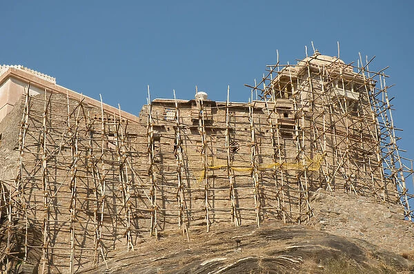 Scaffolding made of tree branches, Kumbhalgarh Fort, Kumbhalgarh, Rajasthan, India
