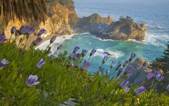 Framed Print : Scenic McWay Falls tumbles into the beach and the Pacific Ocean at Julia Pfeiffer