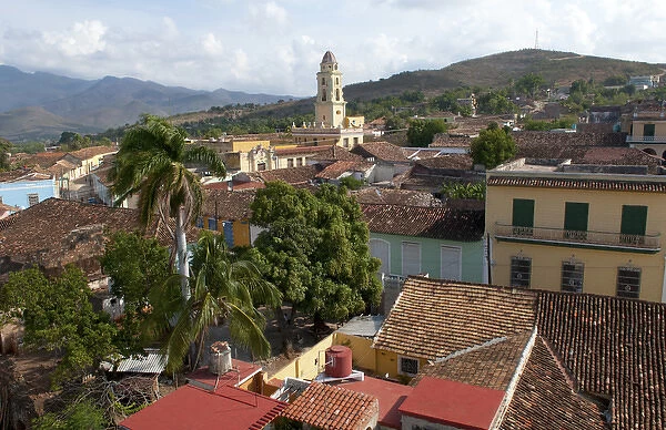 Scenic from above of old town of Trinidad Cuba with tile roofs and cobblestone streets