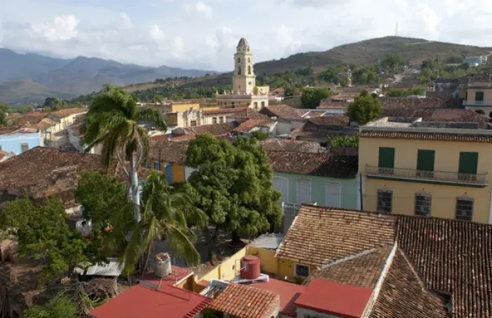 Framed Print : Scenic from above of old town of Trinidad Cuba with tile roofs and cobblestone streets