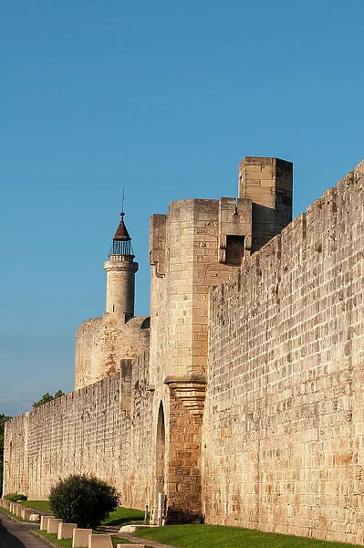 A scenic view of a gate in the Aigues Mortes city wall. Gard, Languedoc Roussillon, France