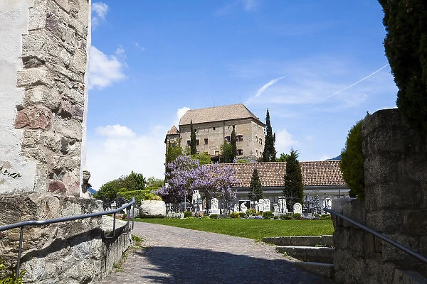 Schenna (Scena) near Meran (Merano) with parish church Maria Aufnahme, cemetery and palace, castle