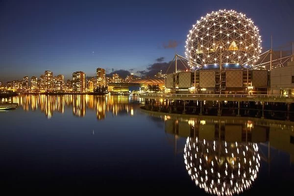 Science World and Central Business District reflected in False Creek, Vancouver, British Columbia, Canada