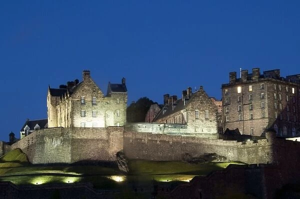 Scotland, Edinburgh. Historic hilltop Edinburgh Castle at night