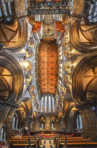 Scotland, Glasgow. Abstract panoramic of 12th century cathedral interior and ceiling