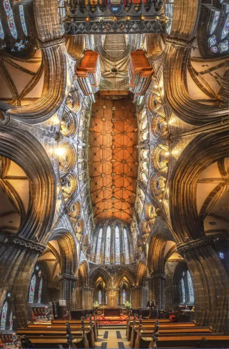 Framed Print : Scotland, Glasgow. Abstract panoramic of 12th century cathedral interior and ceiling