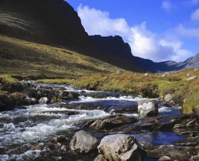 Framed Print : Scotland, Perthshire, Rannoch Moor. A stream rushes down from the mountains near