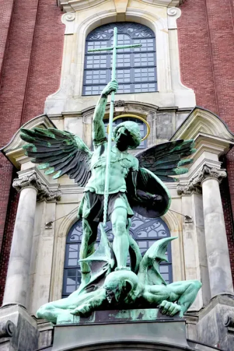 Framed Print : Sculpture of the archangel Michael defeating Satan, St Michaelis Church, Hamburg, Germany Framed Print : Sculpture of the archangel Michael defeating Satan, St Michaelis Church, Hamburg, Germany