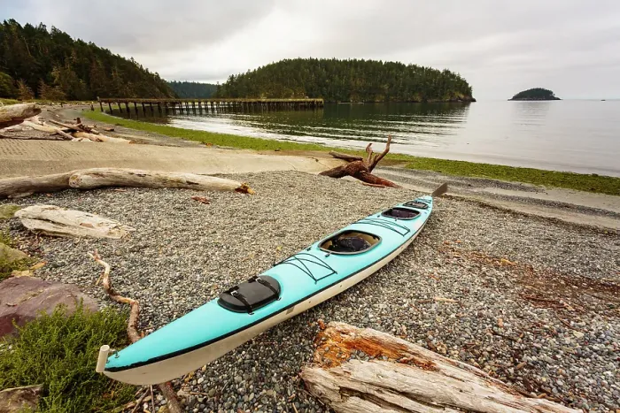 Framed Print : Sea kayak on the shore of Bowman Bay, Deception Pass State Park, Washington State, USA Framed Print : Sea kayak on the shore of Bowman Bay, Deception Pass State Park, Washington State, USA