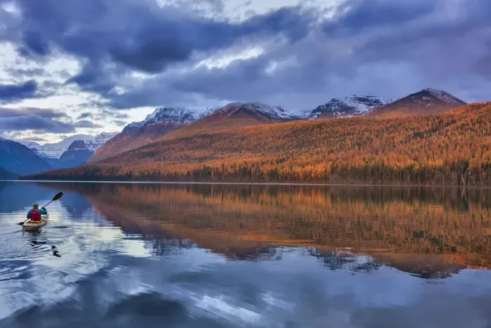 Framed Print : Sea kayaking on Bowman Lake in autumn in Glacier National Park, Montana, USA model Framed Print : Sea kayaking on Bowman Lake in autumn in Glacier National Park, Montana, USA model