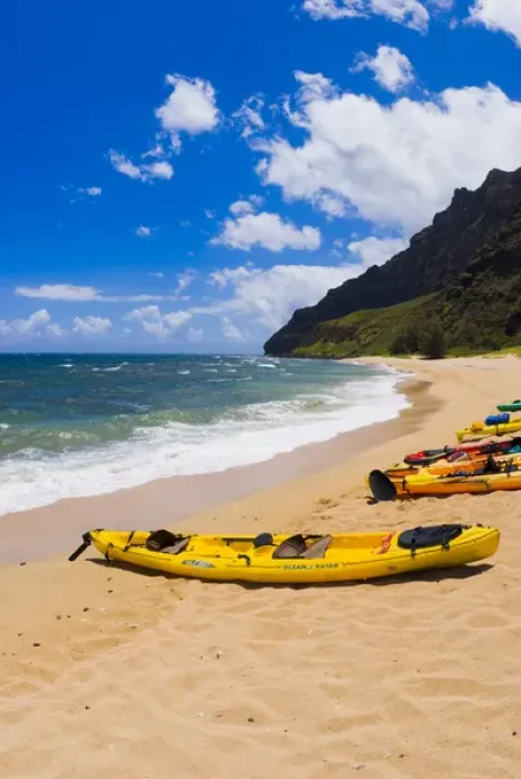 Framed Print : Sea kayaks on Miloli i Beach, Na Pali Coast, Island of Kauai, Hawaii USA