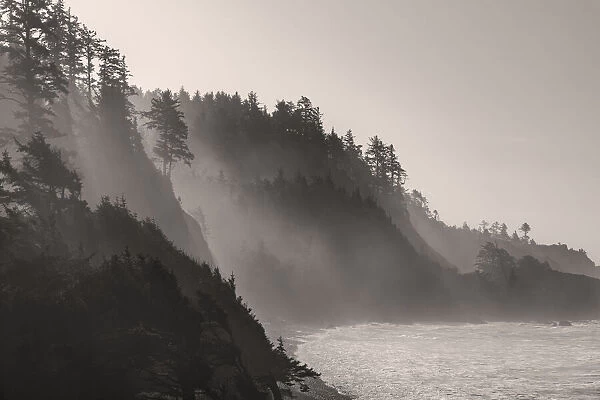 Sea mist rises along Indian Beach at Ecola State Park in Cannon Beach, Oregon, USA