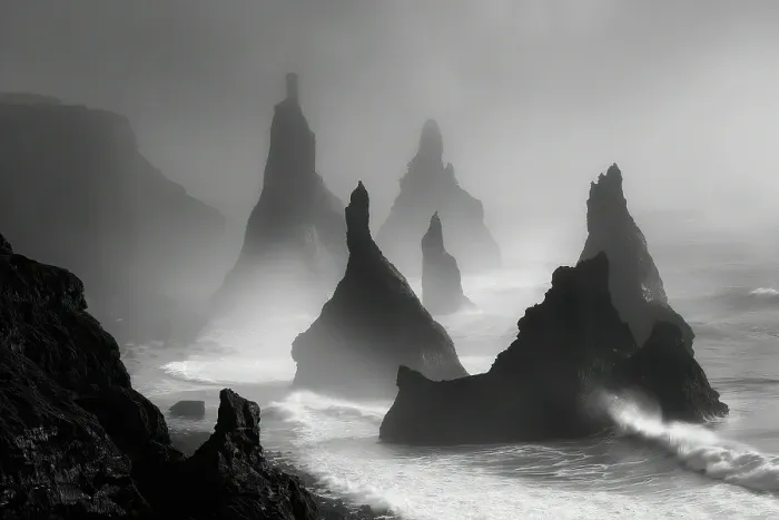 Framed Print : Sea stacks and ocean shore mist. (AI Generated)
