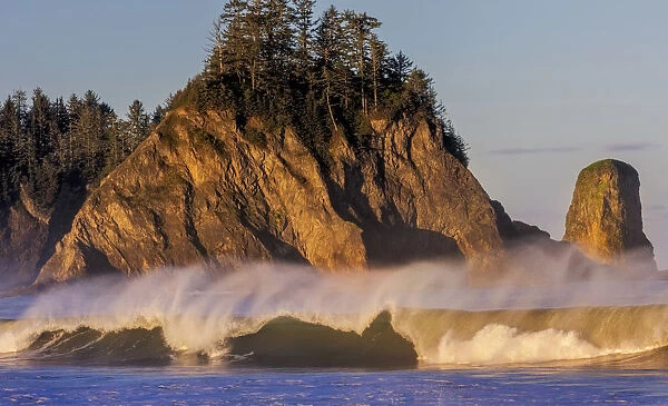 Sea stacks and waves at first light on Rialto Beach in Olympic National Park, Washinton