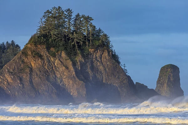 Sea stacks and waves at first light on Rialto Beach in Olympic National Park, Washington State