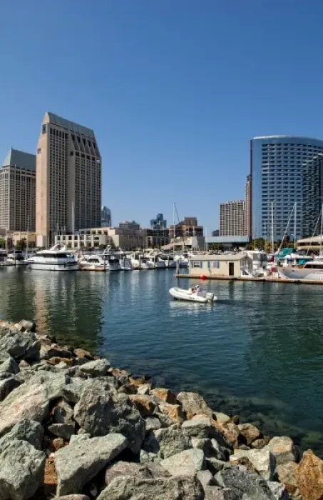 Framed Print : Seaport Village Marina in San Diego Bay, California. Boats and ships at pier