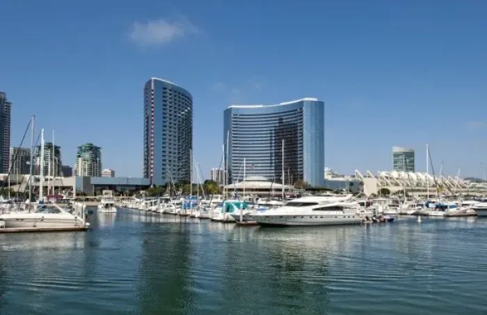 Framed Print : Seaport Village Marina in San Diego Bay, California. Boats and ships at pier