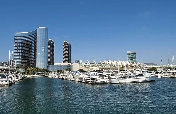 Seaport Village Marina in San Diego Bay, California. Boats and ships at pier