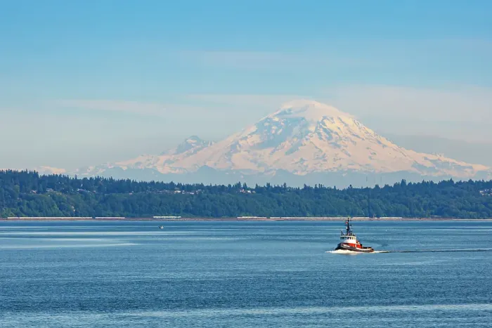 Framed Print : Seattle and Mount Rainier view from Kingston, Washington State, USA Framed Print : Seattle and Mount Rainier view from Kingston, Washington State, USA
