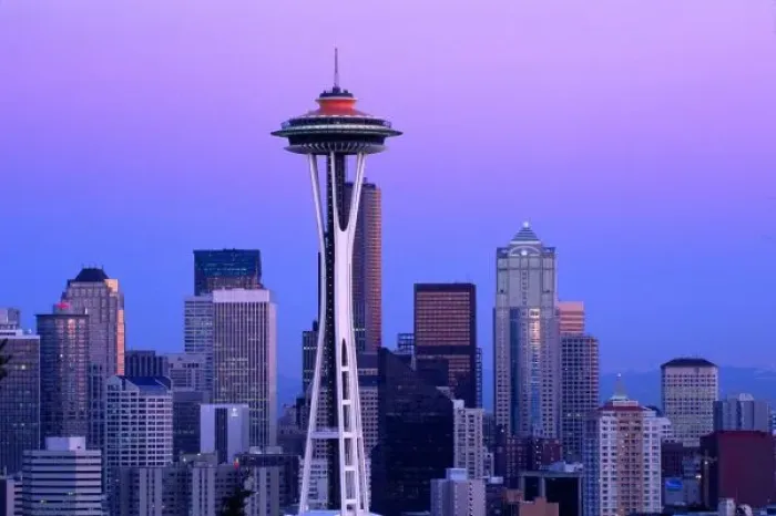 Framed Print : Seattle Skyline with Space Needle at Dusk, Seattle, Washington, United States, US Framed Print : Seattle Skyline with Space Needle at Dusk, Seattle, Washington, United States, US