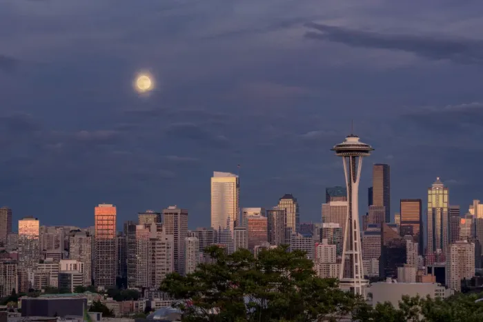 Framed Print : Seattle skyline and super moon at dusk, Seattle, Washington State Framed Print : Seattle skyline and super moon at dusk, Seattle, Washington State