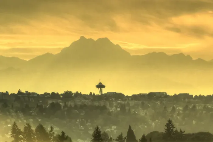 Framed Print : Seattle Space Needle and Olympic Mountains beyond, seen from downtown Bellevue, Washington State