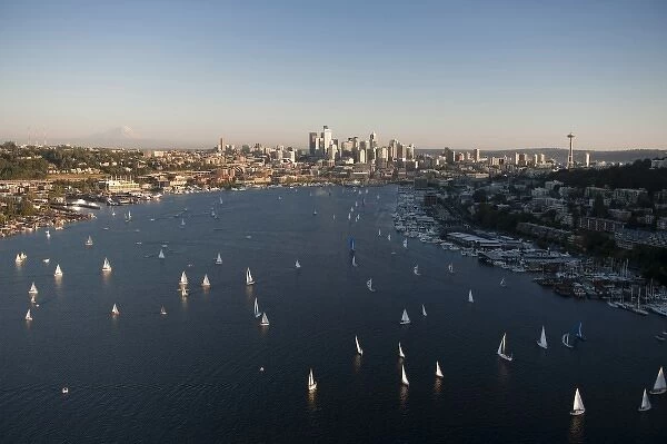 Seattle, Washington, aerial view of sailboats on Lake Union and downtown Seattle with Mt