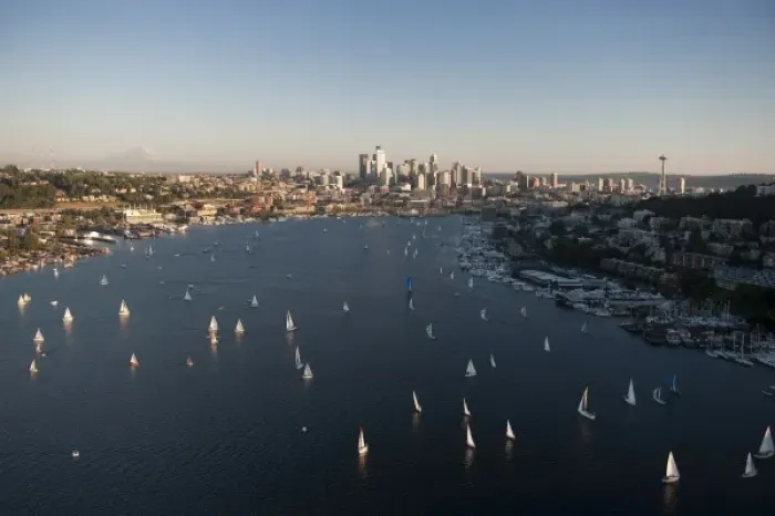 Framed Print : Seattle, Washington, aerial view of sailboats on Lake Union and downtown Seattle with Mt
