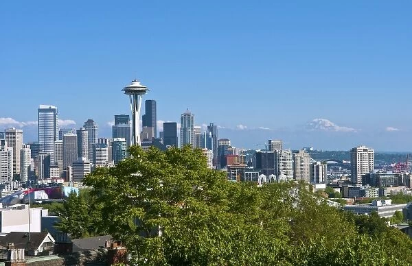 Seattle, Washington skyline from Queen Annes Hill with Mt Rainier visable in