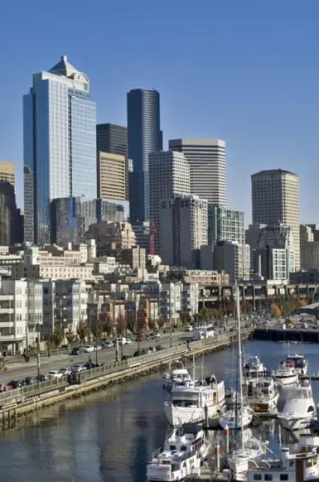 Framed Print : Seattle, Washington skyline seen from Pier 66 of Elliott Bay with boats in the public