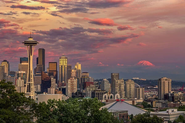 Seattle, Washington State skyline and distant Mt. Rainier