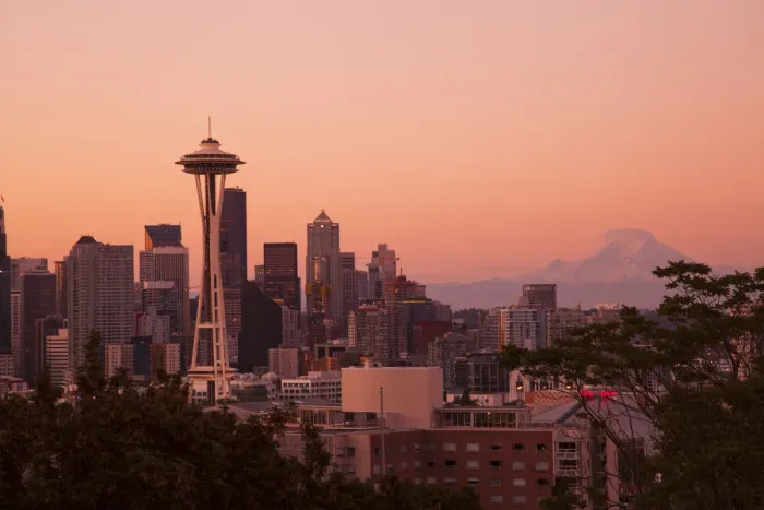 Framed Print : Seattle, Washington State. Skyline at night from Queen Annes Hill with Space Needle