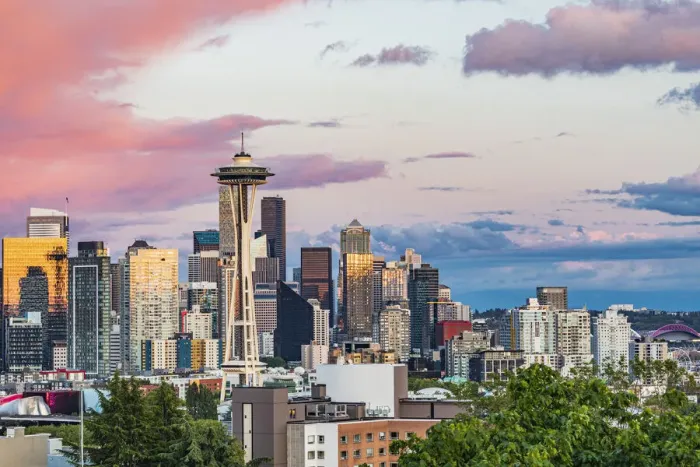 Framed Print : Seattle, Washington State, USA. Downtown Seattle at sunset on a summer day Framed Print : Seattle, Washington State, USA. Downtown Seattle at sunset on a summer day