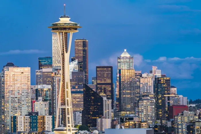 Framed Print : Seattle, Washington State, USA. Downtown Seattle at sunset on a summer day