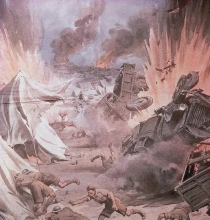 Framed Print : SECOND WORLD WAR (1939-1945). AFRICA CAMPAIGN. German aircraft bomb English camp (1940) Framed Print : SECOND WORLD WAR (1939-1945). AFRICA CAMPAIGN. German aircraft bomb English camp (1940)