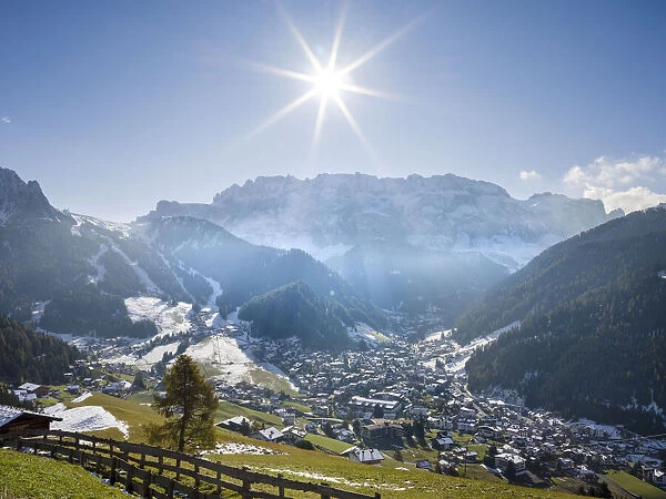 Sella mountain range and village Wolkenstein, Selva in the dolomites of South Tyrol
