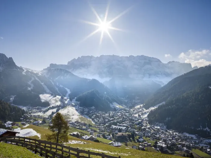 Framed Print : Sella mountain range and village Wolkenstein, Selva in the dolomites of South Tyrol