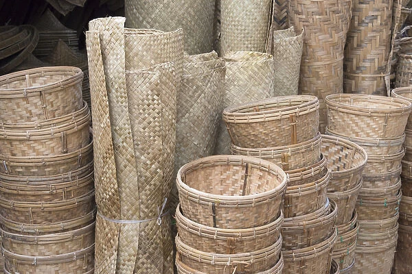Selling bamboo baskets and sheets at the market, Mrauk-U, Rakhine State, Myanmar