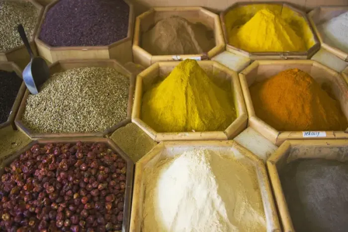 Framed Print : Selling spices at the market, Dubai, UAE