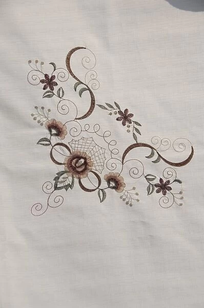 Serbia, Donji Milanovac. Detail of traditional Serbian hand emroidered linen