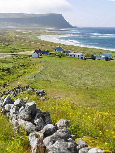 Settlement and beach at Hvallatur. The remote Westfjords (Vestfirdir) in northwest Iceland