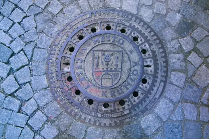 Framed Print : Sewer cover decorated, Cesky Krumlov, Czech Republic Framed Print : Sewer cover decorated, Cesky Krumlov, Czech Republic