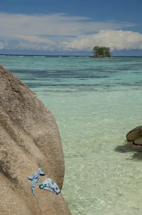 Framed Print : Seychelles, Island of La Digue. Anse Source D Agent beach, bikini drying on rock Framed Print : Seychelles, Island of La Digue. Anse Source D Agent beach, bikini drying on rock
