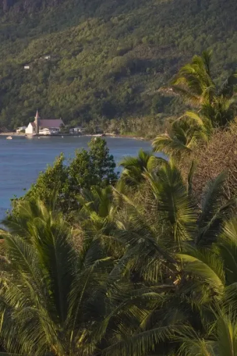 Framed Print : Seychelles, Mahe Island, Anse Royale, Town Church and palms, morning Framed Print : Seychelles, Mahe Island, Anse Royale, Town Church and palms, morning