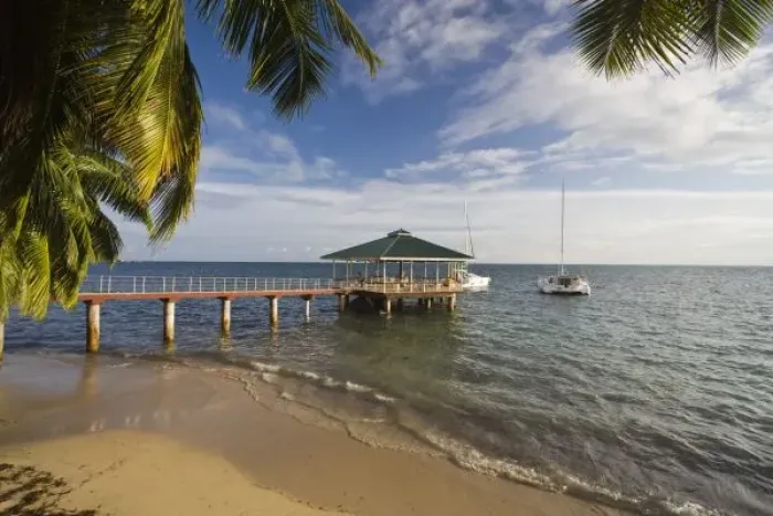 Framed Print : Seychelles, Praslin Island, Anse Bois de Rose, pier at Coco de Mer Hotel Framed Print : Seychelles, Praslin Island, Anse Bois de Rose, pier at Coco de Mer Hotel