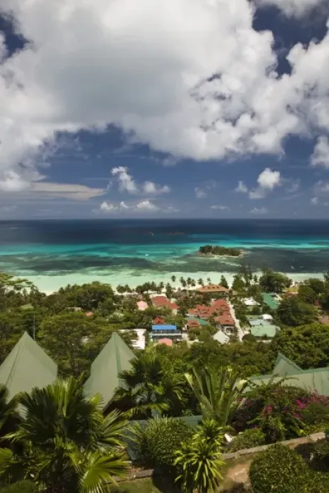 Framed Print : Seychelles, Praslin Island, Anse Volbert, aerial view of tourist village Framed Print : Seychelles, Praslin Island, Anse Volbert, aerial view of tourist village