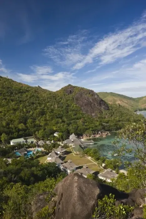 Framed Print : Seychelles, Praslin Island, Anse Volbert, La Reserve Hotel overview Framed Print : Seychelles, Praslin Island, Anse Volbert, La Reserve Hotel overview