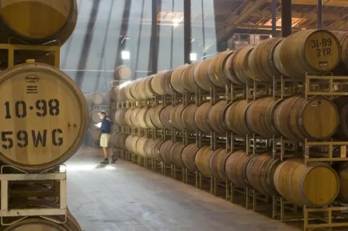 Framed Print : Shafts of light in barrel room of Montevina Winery, near Plymouth, Shenandoah Valley